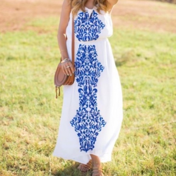 Sabine white maxi dress with blue beadwork - Picture 1 of 6